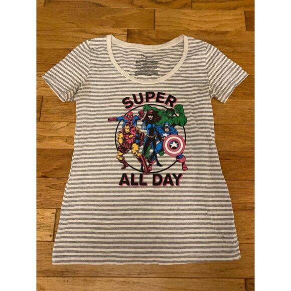 Disney Marvel Superheroes Juniors "Super All Day" Striped grey graphic T-Shirt S - Picture 1 of 8